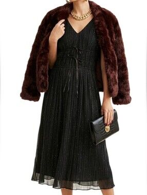Vintage Rabbit Rabbit Designs Sparkly Black Pleated Midi Dress Size 10